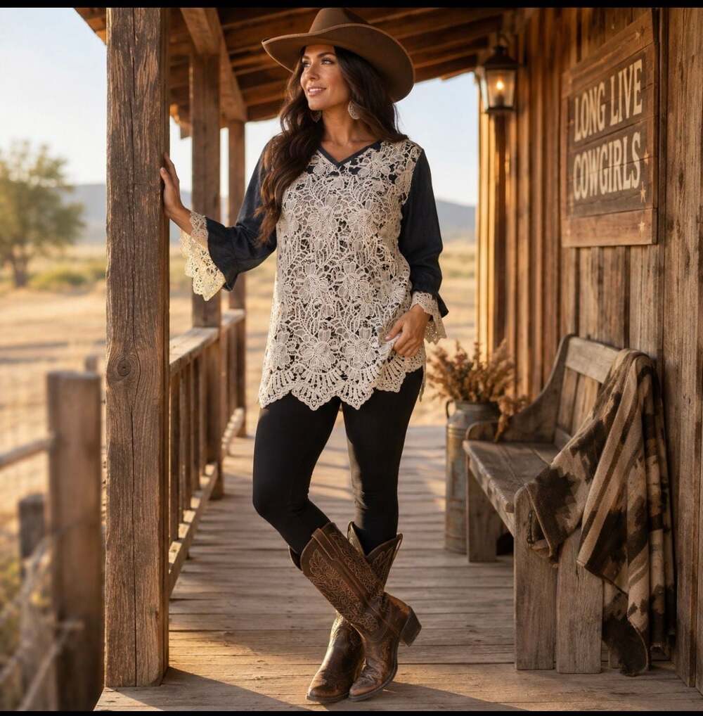 NWOT L&B Lucky & Blessed Women’s Large Denim Floral Lace Tunic Top Boho Western
